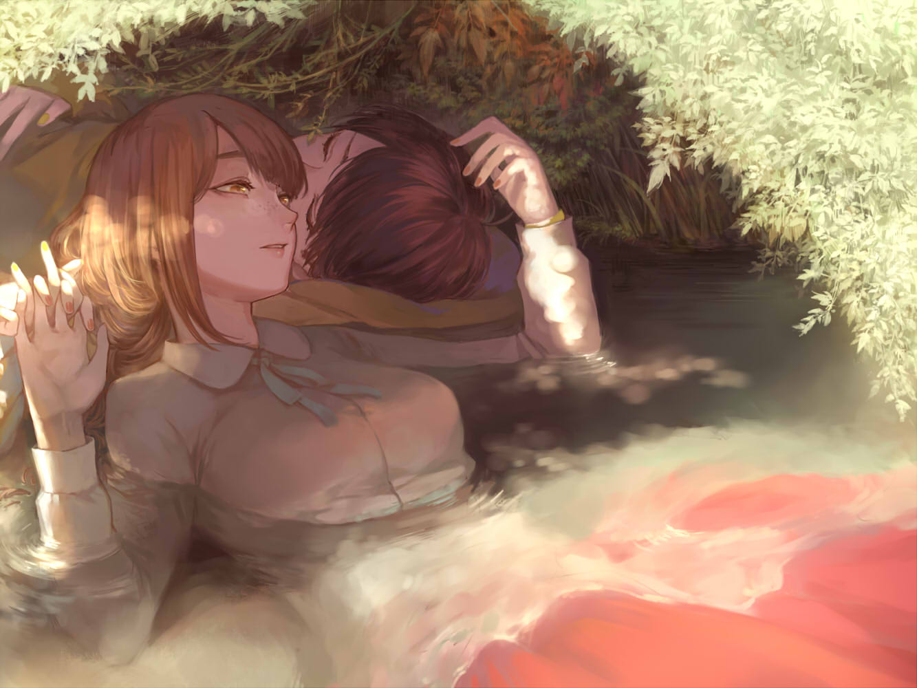 1boy, 1girl, afloat, arm_pillow, bangs, blue_ribbon, braid, breasts