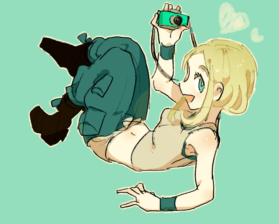 1girl, :d, aqua_background, aqua_eyes, aqua_pants, bangs, bare_shoulders, black_boots