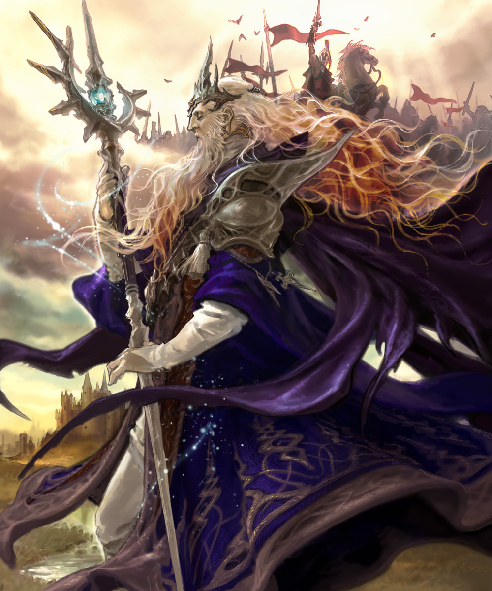 2boys, armor, castle, closed_eyes, clouds, flag, helmet, highres, horse, long_hair, merlin, multiple_boys, naura_(rouis), outdoors, profile, robe, shingoku_no_valhalla_gate, shoulder_armor, solo, staff, standing, sword, weapon, white_hair, wizard
