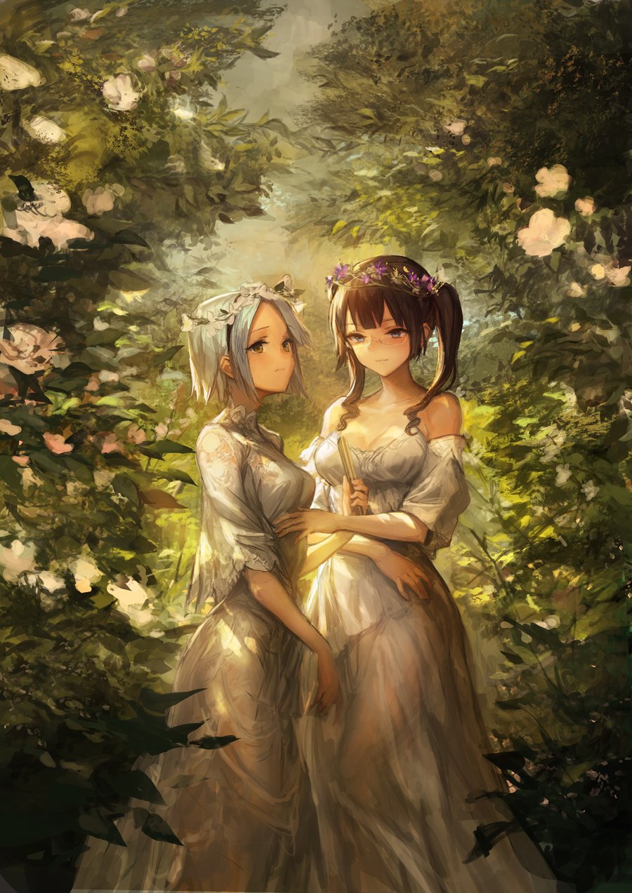 2girls, akuma_no_riddle, bangs, blue_eyes, breasts, brown_eyes, brown_hair, commentary_request, dress, forest, glasses, gown, grey_hair, hairband, hand_on_another's_chest, head_wreath, highres, holding, kaminaga_kouko, lm7_(op-center), medium_breasts, multiple_girls, nature, outdoors, see-through, short_hair, shutou_suzu, strapless, twintails, yuri