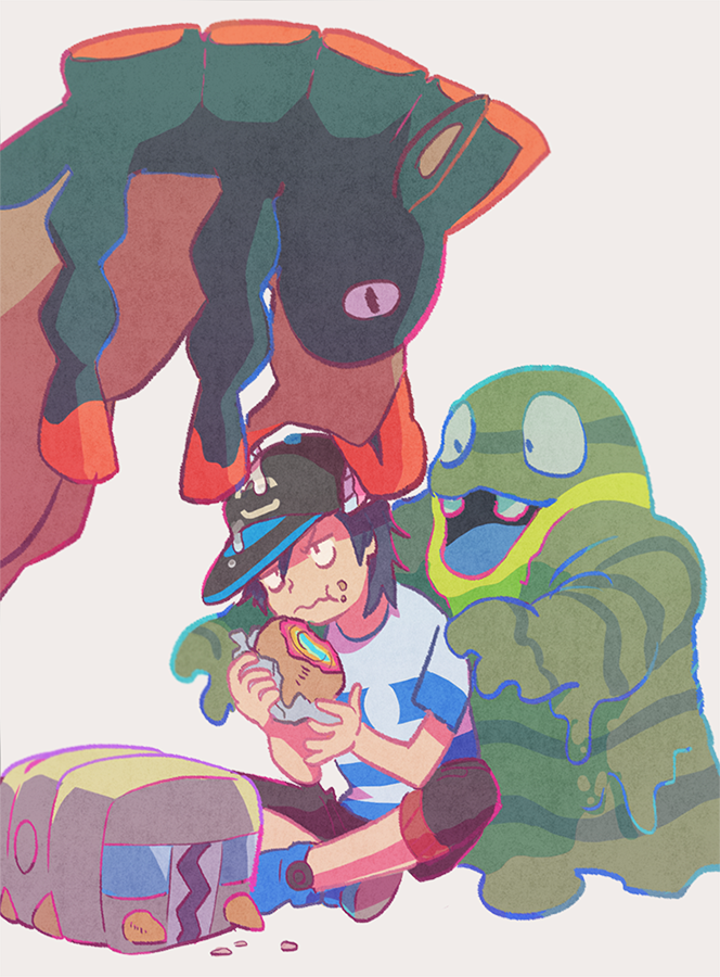 1boy, alola_form, alolan_grimer, bangs, baseball_cap, biting, black_hair, black_hat