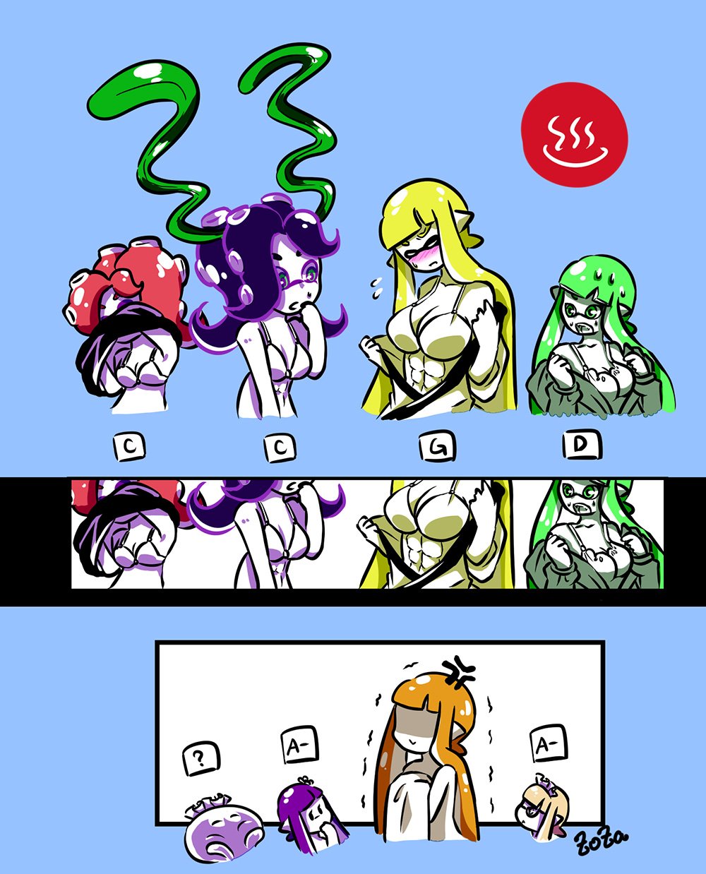 6+girls, abs, anger_vein, artist_name, bangs, blonde_hair, blunt_bangs, blush