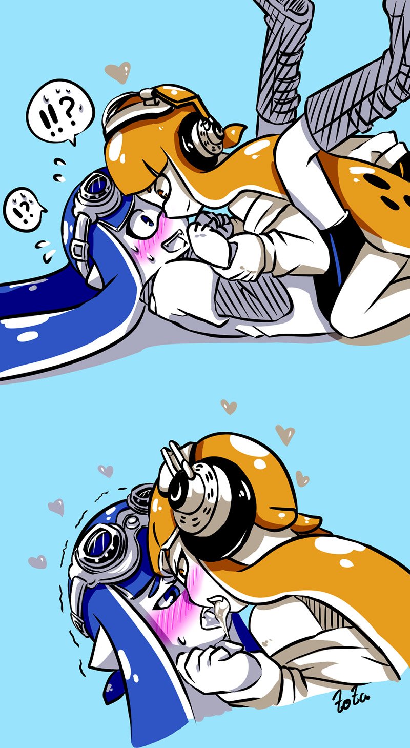 !?, 2girls, aqua_background, arm_grab, artist_name, bangs, black_shorts, blue_eyes, blue_hair, blunt_bangs, blush, boots, closed_mouth, comic, domino_mask, donut_(zoza), female, flying_sweatdrops, genderswap, genderswap_(mtf), goggles, goggles_on_head, headphones, heart, highres, inkling, kiss, knee_boots, kneeling, layered_clothing, legs_up, long_hair, lying, mask, multiple_girls, off_shoulder, on_back, open_mouth, orange_eyes, orange_hair, partially_colored, pointy_ears, pudding_(zoza), restrained, saliva, shirt, short_over_long_sleeves, shorts, signature, simple_background, single_vertical_stripe, smile, splatoon, spoken_interrobang, sweatdrop, t-shirt, tentacle_hair, trembling, upper_body, you_gonna_get_raped, yuri, zoza