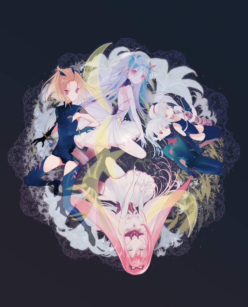1boy, 4girls, alternate_hair_color, alternate_hair_length, alternate_hairstyle, armor, artist_request, blonde_hair