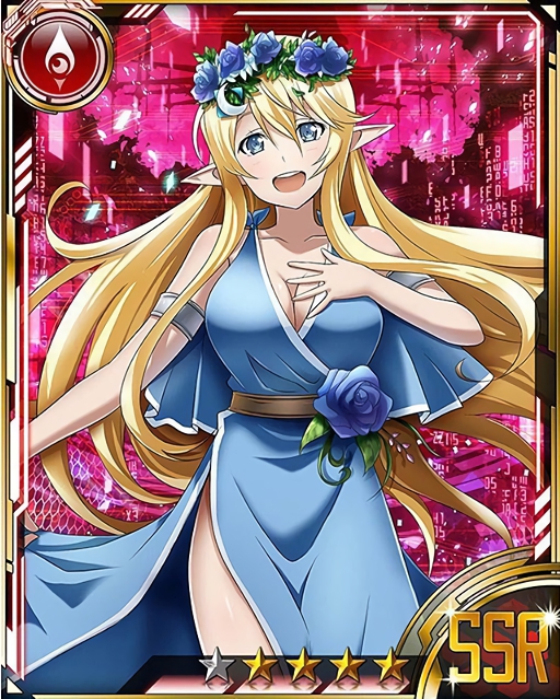 1girl, alice_schuberg, blonde_hair, blue_dress, blue_eyes, blue_flower, breasts, card_(medium)