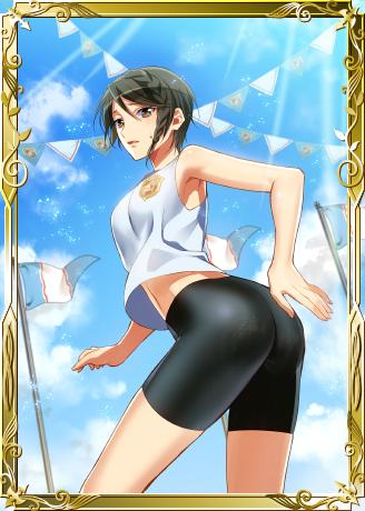 1girl, ass, bike_shorts, black_hair, black_shorts, brown_eyes, flag, franca_martin, from_below, long_hair, lowres, murakami_yuichi, navel, outdoors, senjou_no_valkyria, senjou_no_valkyria_2, shirt, short_hair, shorts, solo, sweatdrop, white_shirt