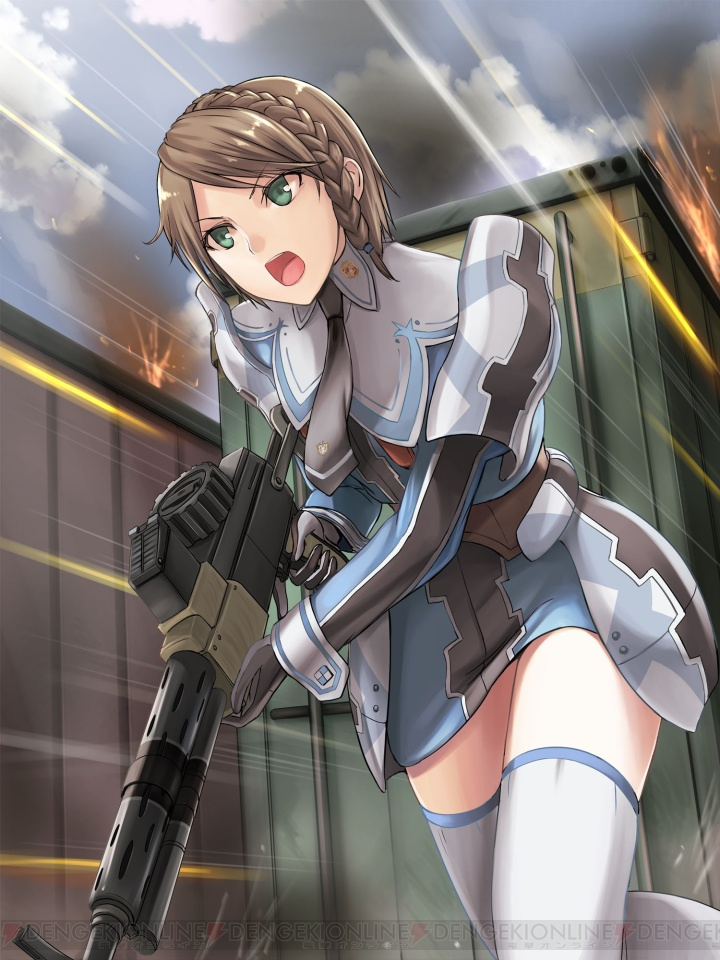 1girl, brown_hair, franca_martin, green_eyes, gun, holding, holding_gun, holding_weapon