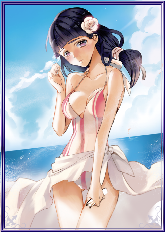 1girl, black_hair, breasts, brown_eyes, casual_one-piece_swimsuit, cleavage, collarbone, flower, hair_flower, hair_ornament, long_hair, lowres, medium_breasts, mischlitt, ocean, one-piece_swimsuit, outdoors, senjou_no_valkyria, senjou_no_valkyria_2, solo, swimsuit, white_flower