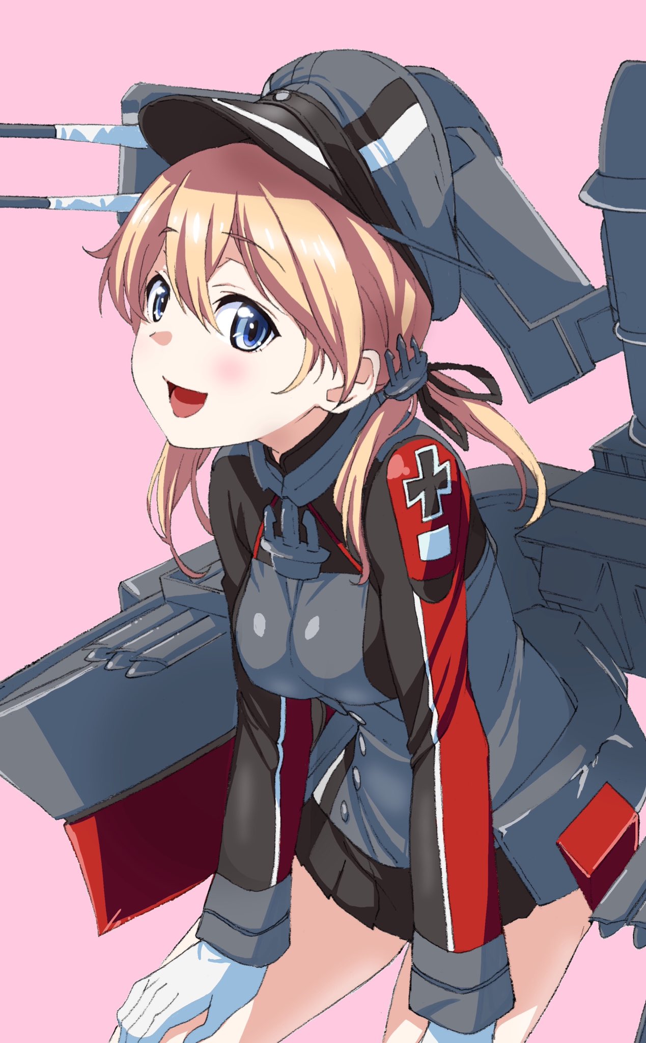 anchor_hair_ornament, black_ribbon, black_skirt, blonde_hair, blue_eyes, gloves, hair_ornament, hat