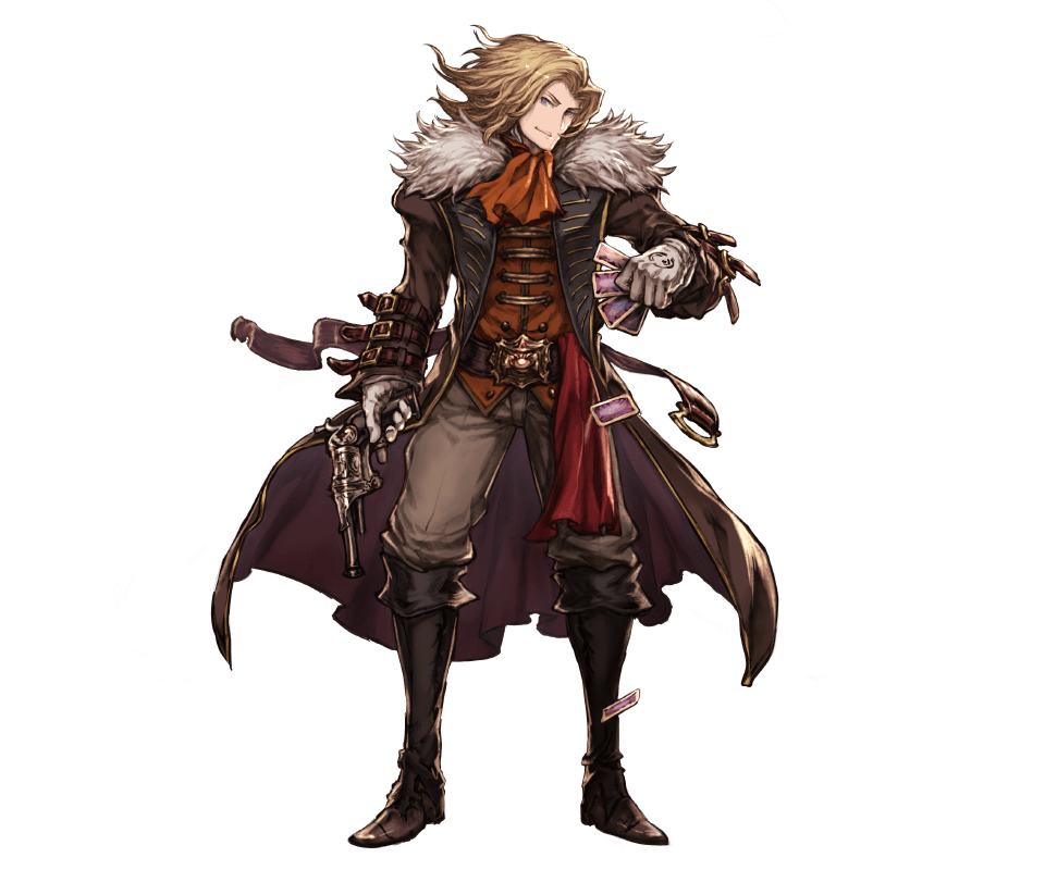 1boy, belt, blonde_hair, blue_eyes, boots, card, coat, fur_trim, gloves, granblue_fantasy, gun, long_hair, minaba_hideo, official_art, richard_(granblue_fantasy), solo, transparent_background, weapon