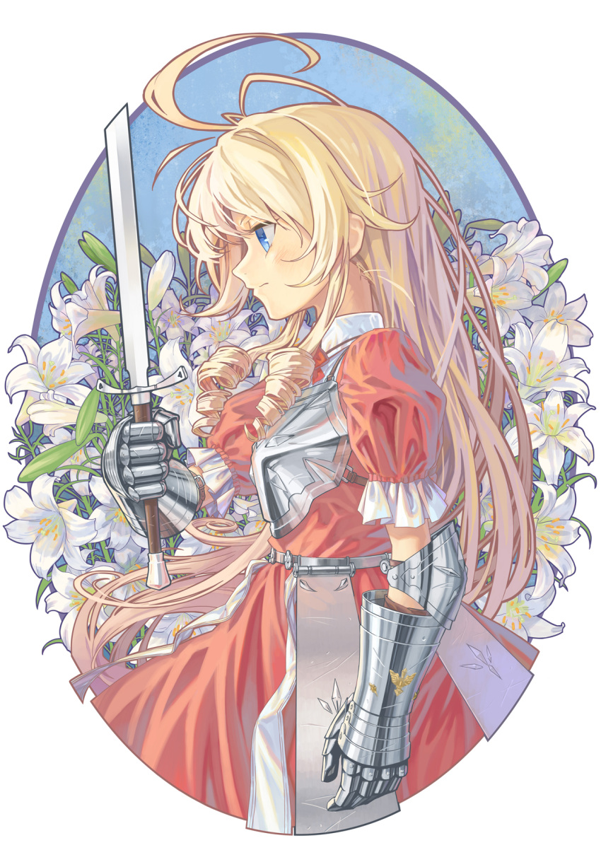 1girl, ahoge, armor, armored_dress, blonde_hair, blue_eyes, cowboy_shot, dress