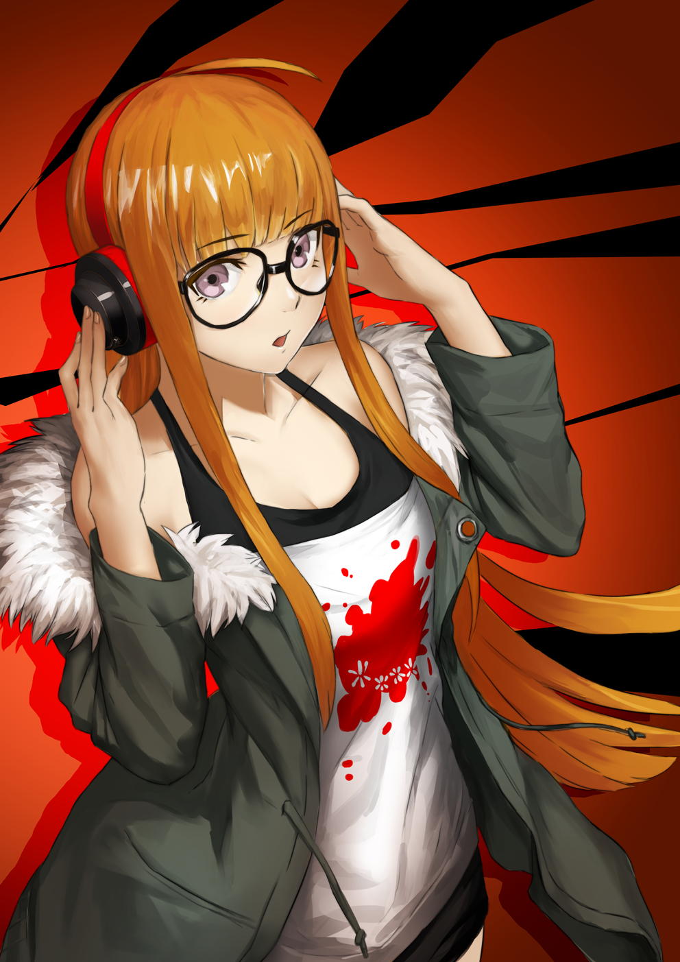 1girl, ahoge, breasts, cleavage, coat, fur_trim, glasses, hands_on_headphones