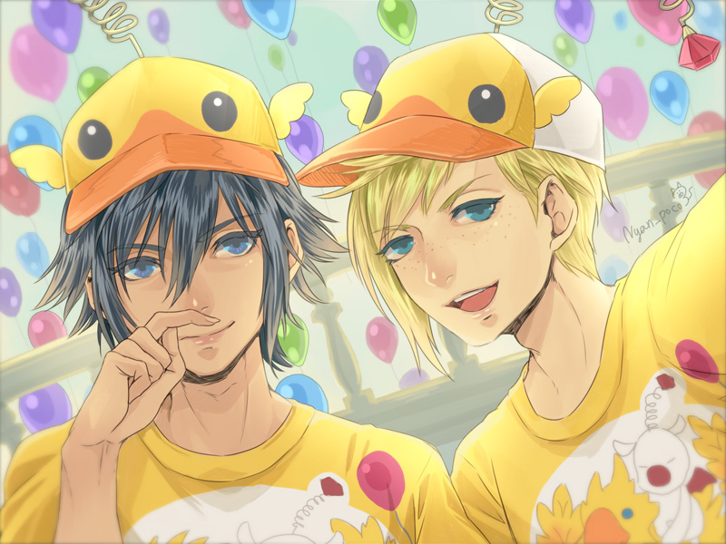 2boys, balloon, baseball_cap, blonde_hair, blue_eyes, blue_hair, chocobo, final_fantasy