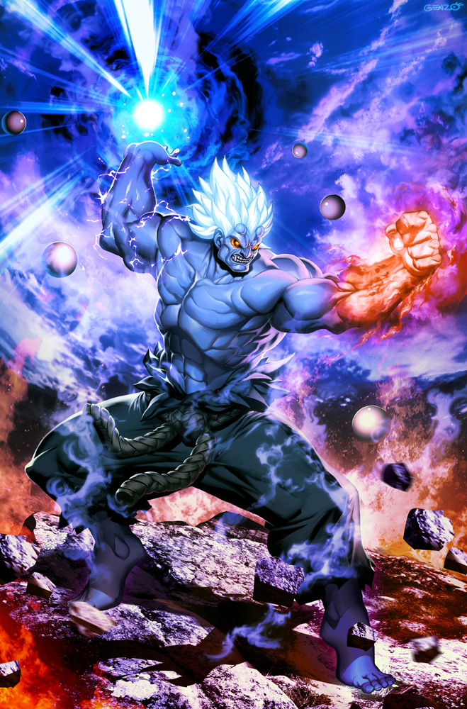 1boy, barefoot, blue_skin, genzoman, glowing, glowing_eyes, glowing_hair, glowing_hand, gouki, kuruoshiki_oni, muscle, official_art, solo, street_fighter, street_fighter_iv_(series)
