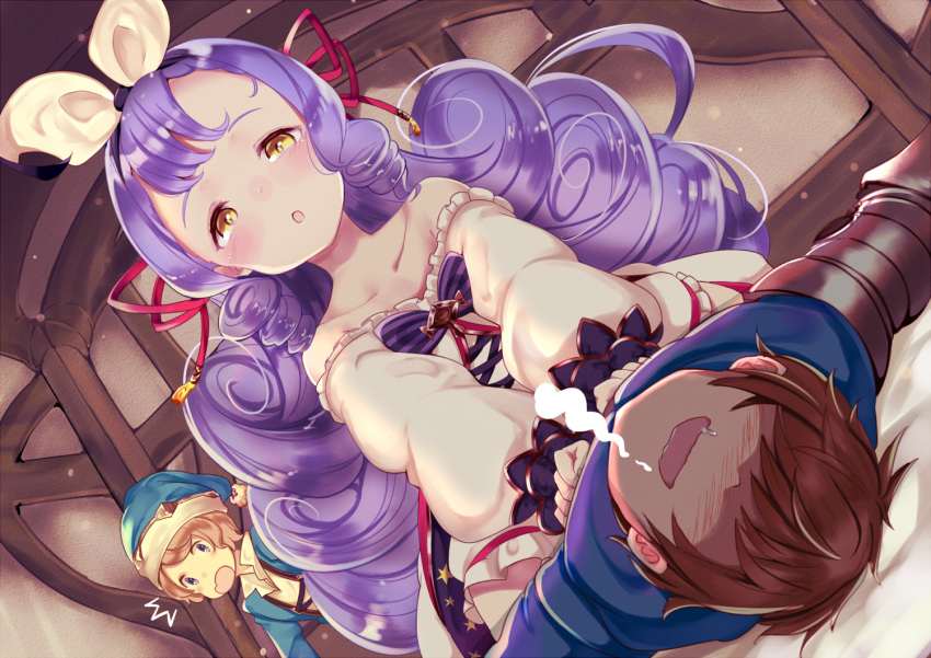/\/\/\, 1girl, 2boys, :o, armor, bare_shoulders, betor_(granblue_fantasy), blue_hat, blush, brown_eyes, brown_hair, clenched_hands, collarbone, dress, drooling, dutch_angle, ear_blush, faceless, faceless_male, frilled_dress, frills, gran_(granblue_fantasy), granblue_fantasy, hairband, hat, indoors, long_hair, looking_at_another, lying, morphe_(granblue_fantasy), multiple_boys, off-shoulder_dress, off_shoulder, on_back, open_mouth, outstretched_arms, purple_hair, saliva, shaded_face, short_hair, straddling, very_long_hair, violet_eyes, wankoo-mikami, white_dress