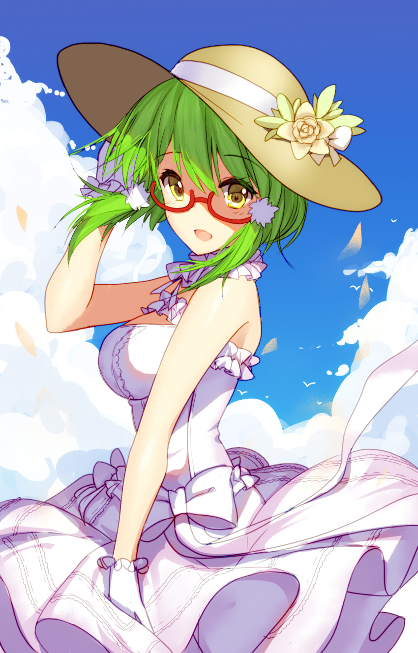 1girl, :d, bison_cangshu, blue_sky, breasts, clouds, dress, glasses