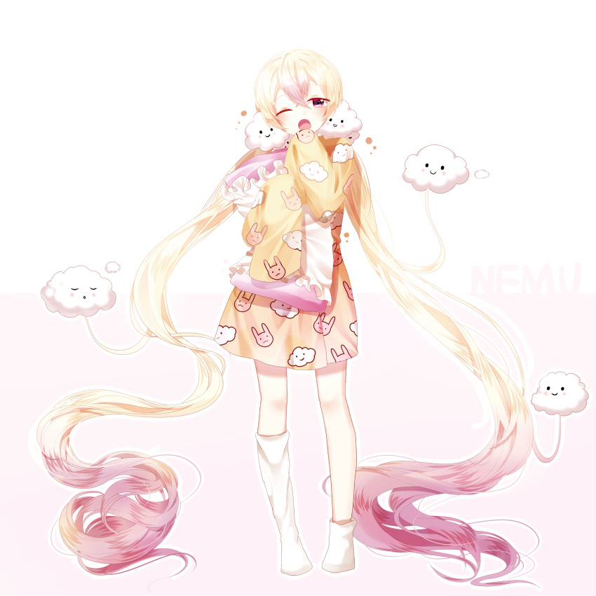 1girl, ;o, absurdly_long_hair, animal_print, asymmetrical_legwear, blonde_hair, blush, bunny_print