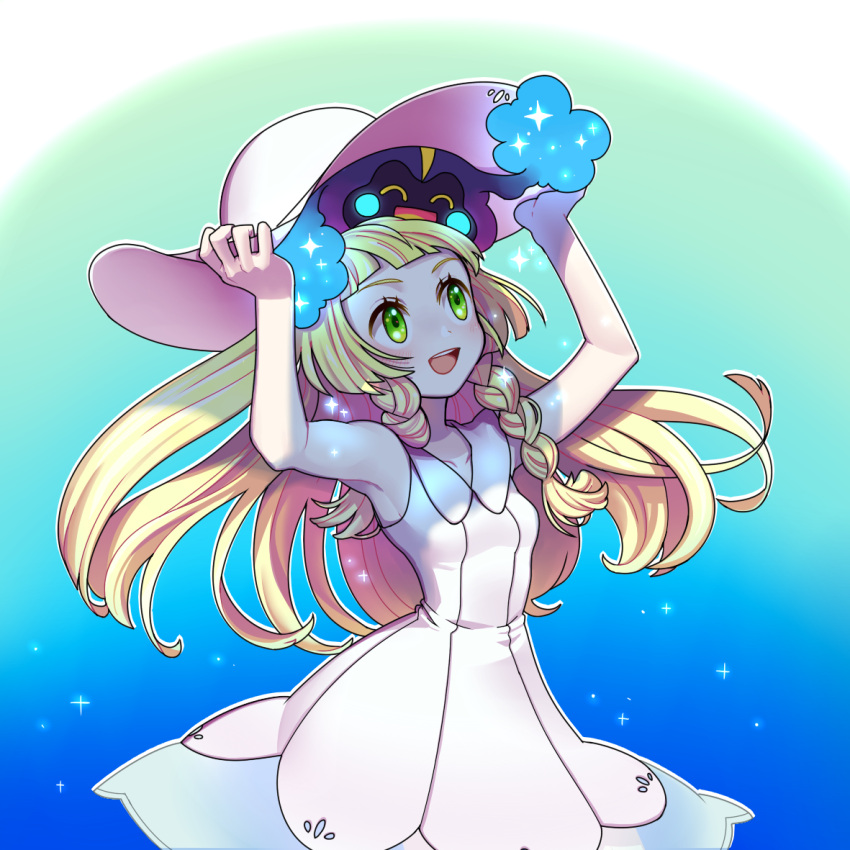 1girl, :d, bangs, bare_arms, blonde_hair, blunt_bangs, blush, braid, breasts, collarbone, collared_dress, cosmog, dress, green_eyes, hands_on_headwear, hat, in_hat, kokuro_(kosyari), legendary_pokemon, lillie_(pokemon), long_hair, looking_up, open_mouth, pokemon, pokemon_(creature), pokemon_(game), pokemon_sm, sleeveless, sleeveless_dress, small_breasts, smile, sparkle, sun_hat, sundress, teeth, tongue, twin_braids, white_dress, white_hat