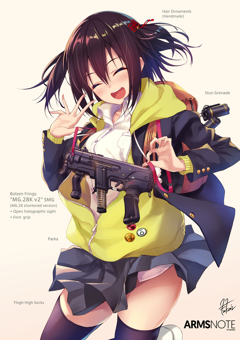 1girl, :d, ^_^, artist_name, backpack, badge, bag, bangs