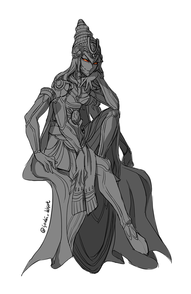 1boy, artist_request, cape, extra_arms, floating_hand, full_body, hand_on_own_chin, long_hair, looking_at_viewer, male_focus, monochrome, red_eyes, shin_megami_tensei, shin_megami_tensei_iv, shin_megami_tensei_iv_final, simple_background, sitting, smirk, solo, spot_color, vishnuflynn, white_background