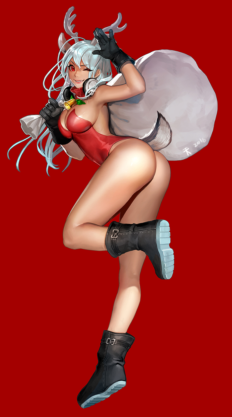 >;), 1girl, 2016, antlers, armpits, ass, bangs, bare_shoulders