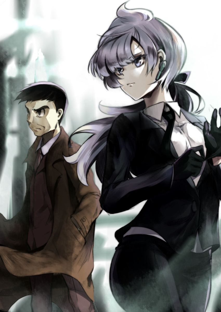 1boy, 1girl, artist_request, black_gloves, black_hair, black_necktie, black_pants, black_ribbon