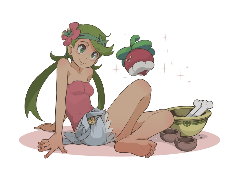 1girl, apron, arm_support, bare_legs, bare_shoulders, barefoot, blush, bone, bounsweet, bowl, breasts, cleavage, cup, daradara_panda, dark_skin, eye_contact, feet, female, flower, green_eyes, green_hair, hair_flower, hair_ornament, legs, legs_crossed, long_hair, looking_at_another, low_twintails, mallow_(pokemon), nintendo, overalls, pink_shirt, pink_tubetop, pokemon, pokemon_(creature), pokemon_(game), pokemon_sm, shirt, shoulders, simple_background, sitting, sleeveless, small_breasts, smile, soles, sparkle, strapless, toes, trial_captain, tubetop, twintails, white_background