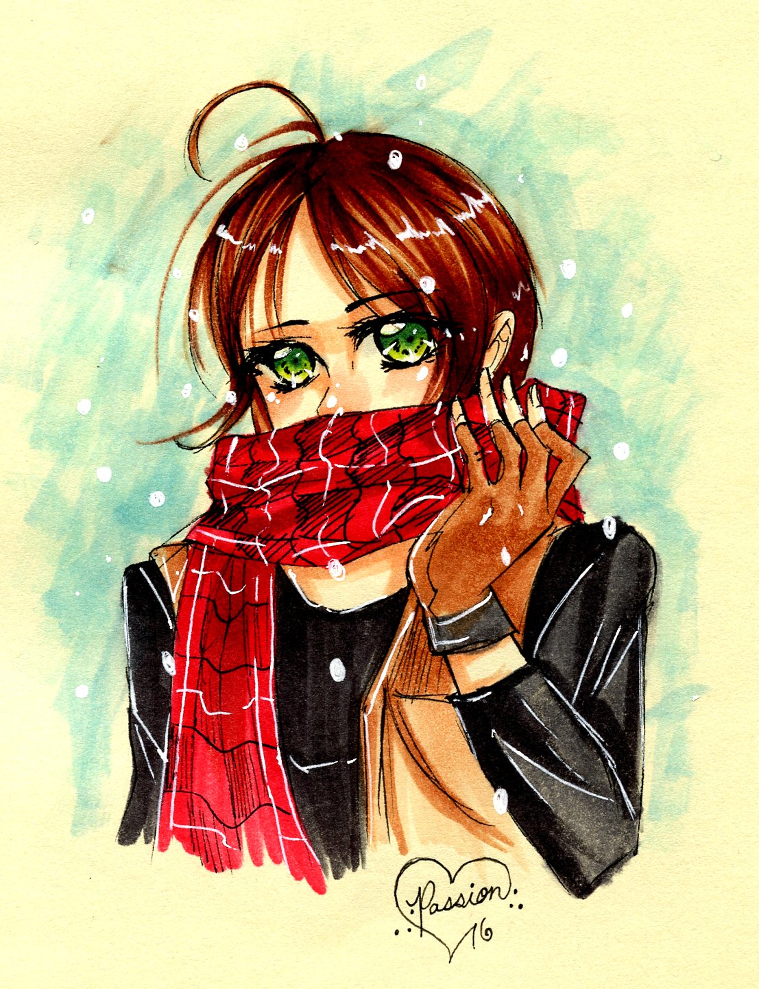 1girl, 2016, 70s, 80s, ahoge, brown_hair, dated, gloves, green_eyes, highres, jyn_erso, looking_at_viewer, oldschool, original, parody, passion, redesign, rogue_one:_a_star_wars_story, scarf, signature, sketch, snowing, solo, star_wars, style_parody, traditional_media, vest