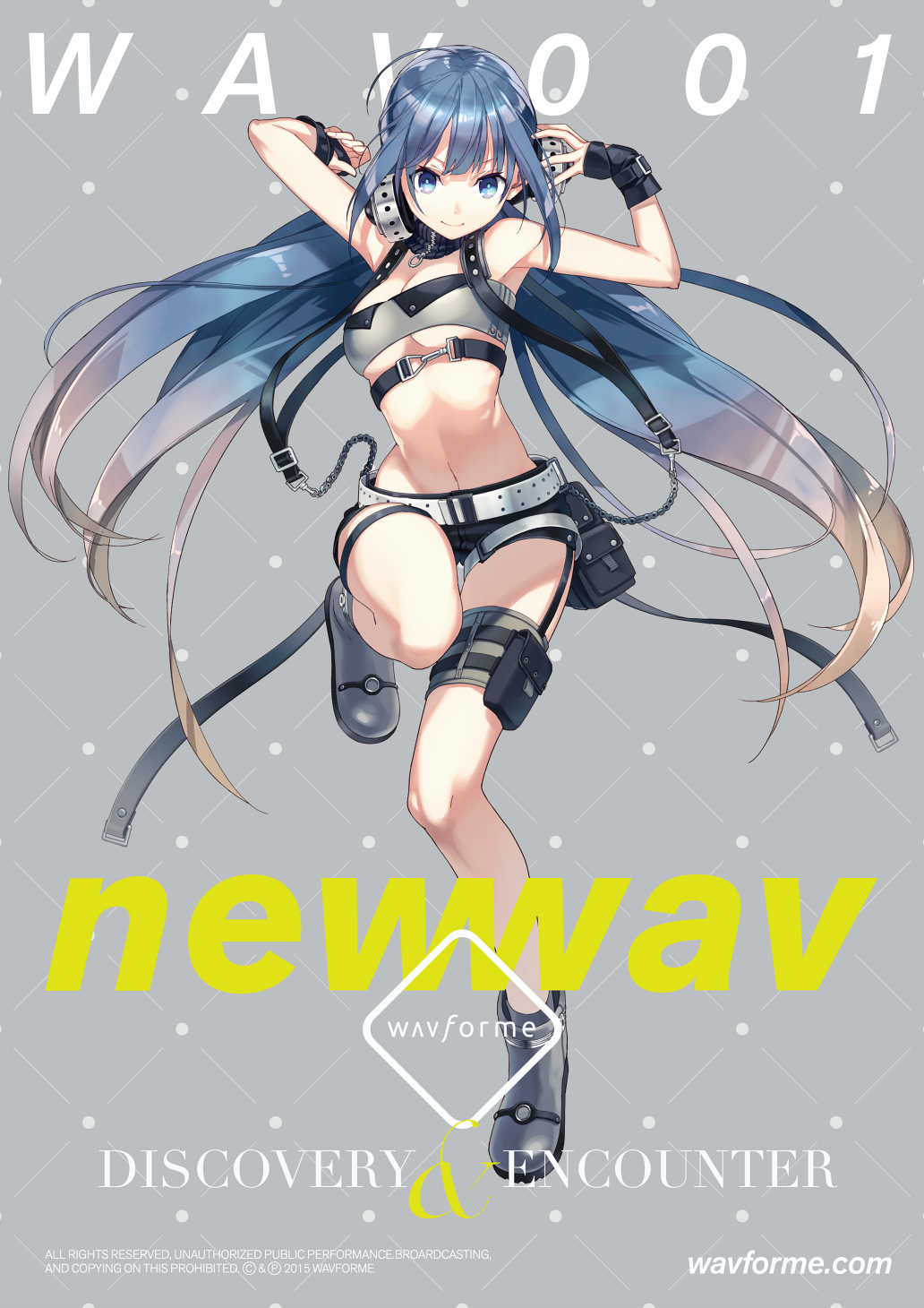 1girl, ad, ahoge, album_cover, arms_up, bangs, belt, blue_eyes
