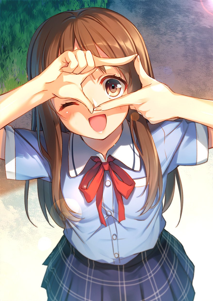 1girl, ;d, boku_dake_ga_inai_machi, brown_eyes, brown_hair, finger_frame, grass, highres