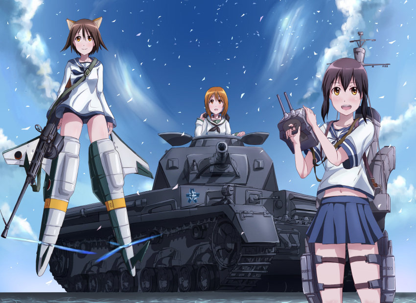 3girls, :d, animal_ears, bangs, black_hair, blouse, blue_skirt, blue_sky, brown_eyes, brown_hair, buruma, clouds, cloudy_sky, confetti, crossover, dai_toro, day, dog_ears, emblem, fubuki_(kantai_collection), funnels, girls_und_panzer, ground_vehicle, gun, headphones, headphones_removed, highres, kantai_collection, long_hair, long_sleeves, machine_gun, machinery, military, military_vehicle, miniskirt, miyafuji_yoshika, motor_vehicle, multiple_crossover, multiple_girls, navel, neckerchief, nishizumi_miho, ooarai_(emblem), open_mouth, outdoors, panzerkampfwagen_iv, pleated_skirt, riding, school_swimsuit, school_uniform, serafuku, short_hair, short_sleeves, skirt, sky, smile, standing, strike_witches, striker_unit, swimsuit, swimsuit_under_clothes, tank, throat_microphone, trait_connection, turret, weapon, white_blouse, world_witches_series