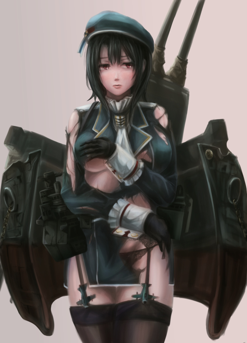 1girl, beret, black_hair, black_panties, brown_eyes, dai_toro, garter_straps, grey_background
