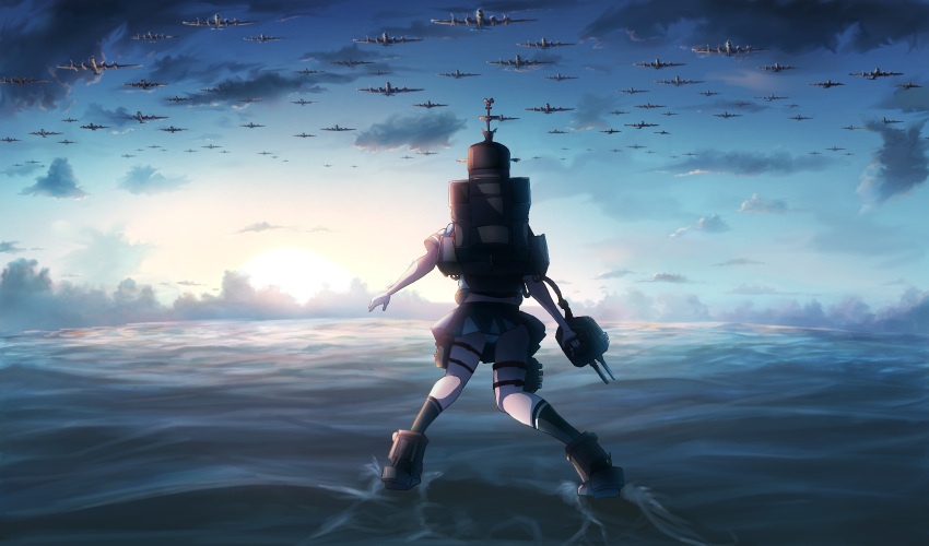 1girl, afloat, aircraft, airplane, back, bomber, clouds, cloudy_sky