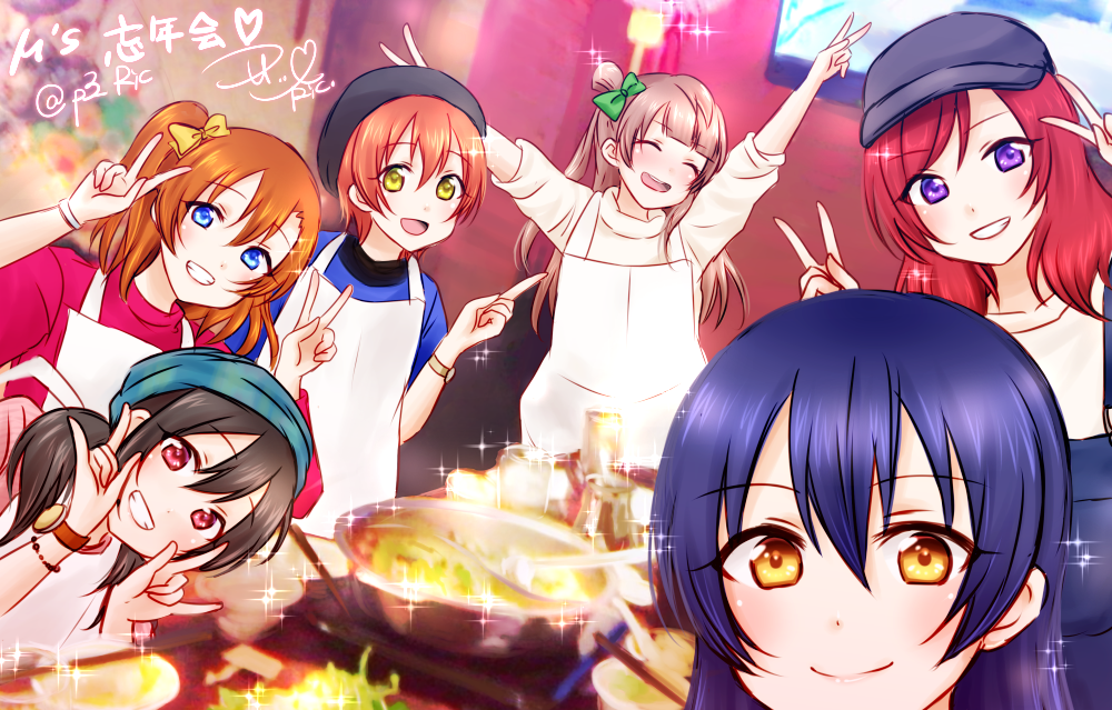 6+girls, :d, apron, blue_hair, bracelet, food, hat, hoshizora_rin