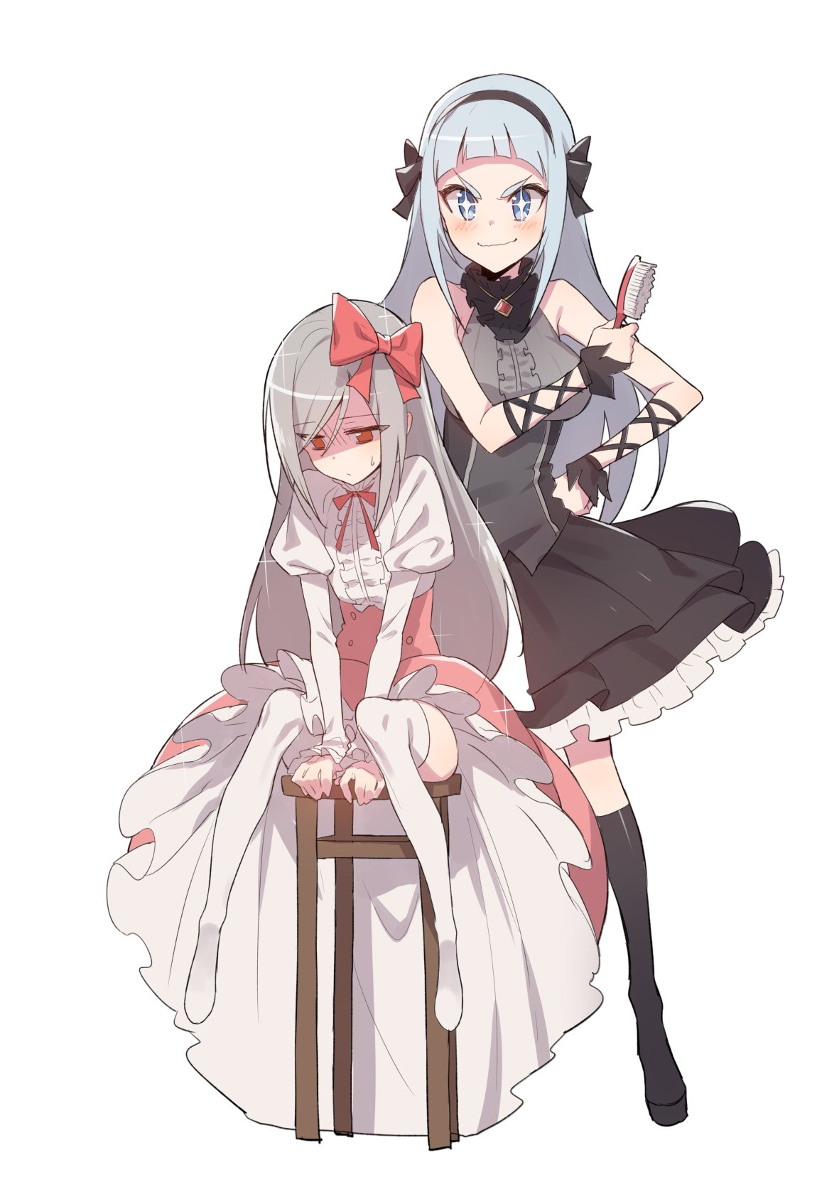 +_+, 2girls, arm_ribbon, arm_support, bangs, bare_shoulders, blue_eyes, blunt_bangs
