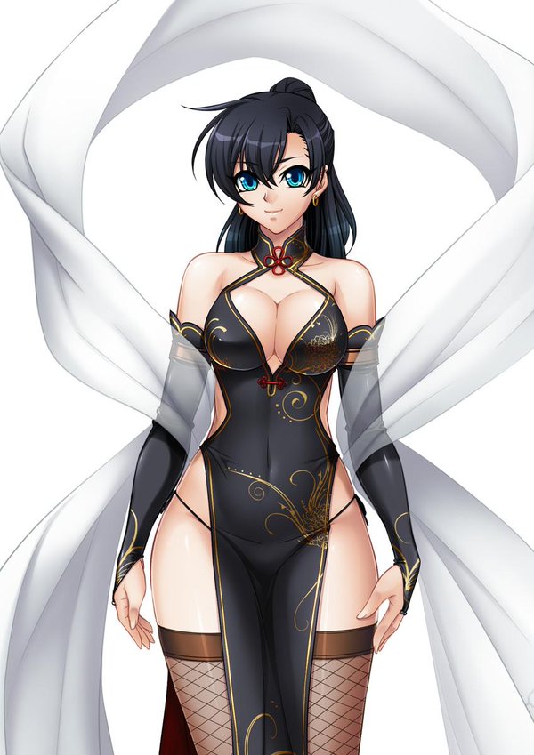 1girl, arm_strap, arms_at_sides, bangs, bare_shoulders, black_dress, black_hair, blue_eyes