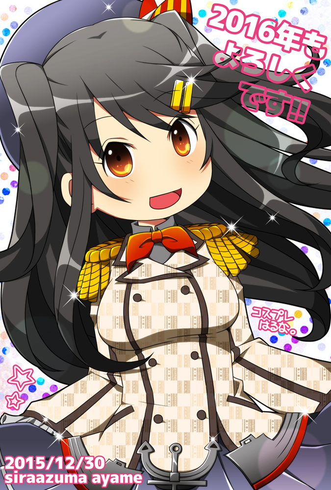 1girl, :d, alternate_costume, alternate_hairstyle, beret, black_hair, commentary_request, cosplay