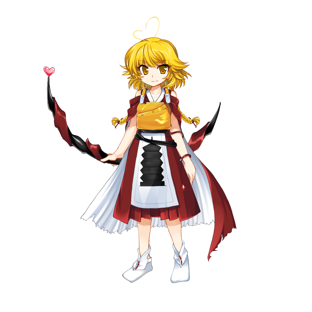 ahoge, androgynous, blonde_hair, bow_(weapon), braid, breastplate, cape, japanese_clothes, len'en, long_hair, ooama_no_ake_no_mitori, polearm, red_eyes, solo, twin_braids, weapon