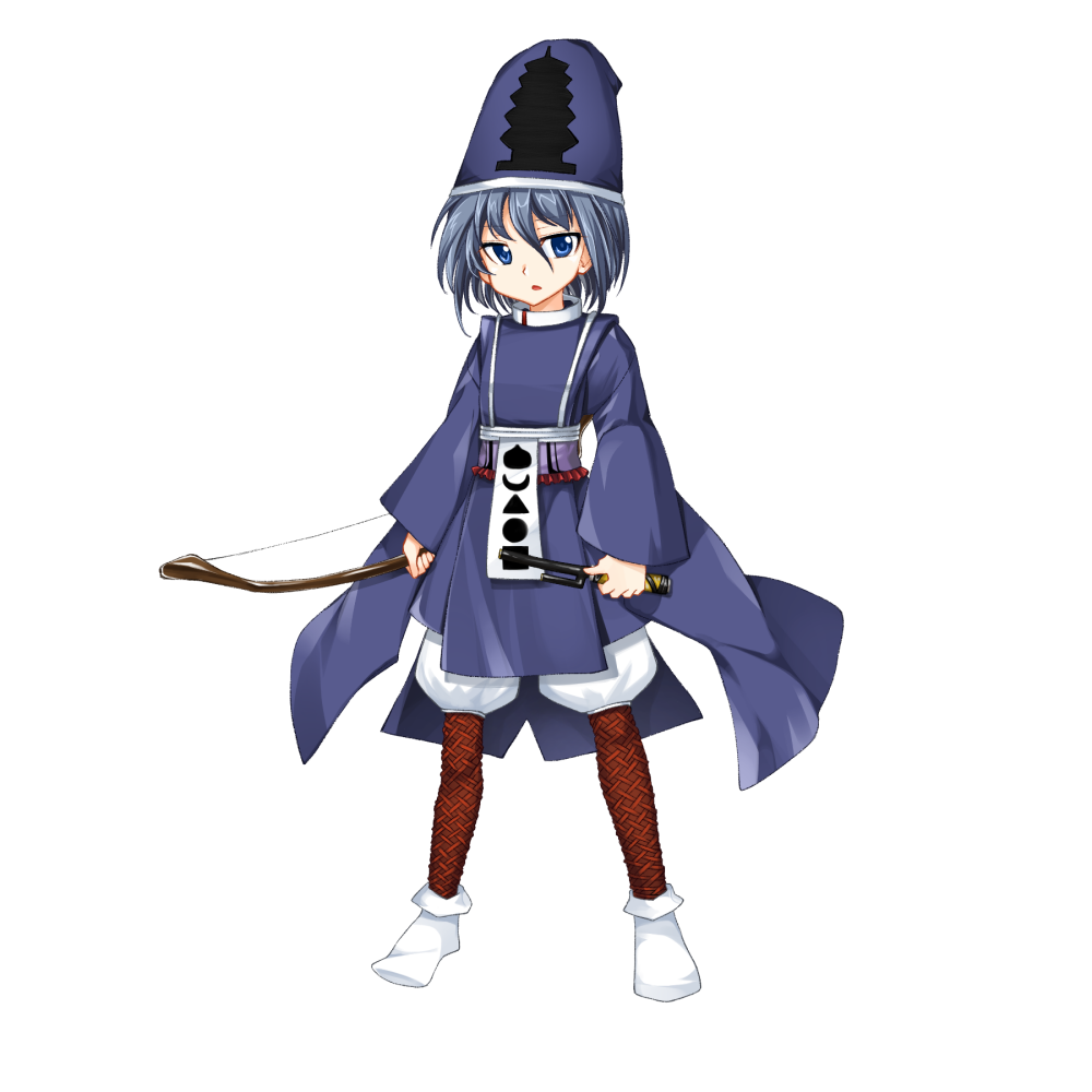 androgynous, arrow, blue_eyes, blue_hair, bow_(weapon), crossbow, hat, japanese_clothes