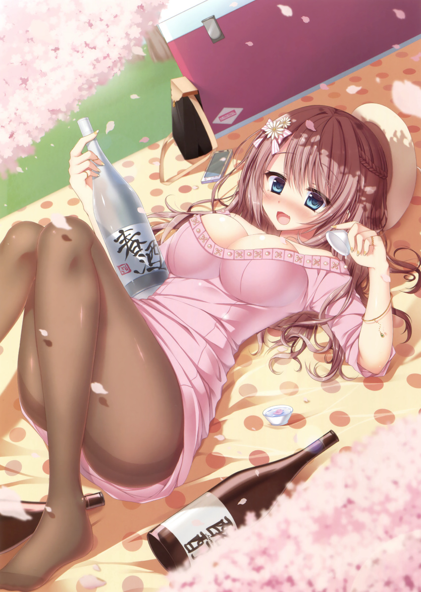 1girl, absurdres, alcohol, bag, bangs, bare_shoulders, blue_eyes, blush