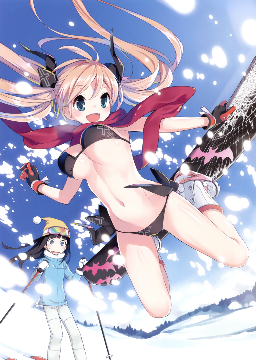 2girls, absurdres, amano_yuu, bangs, bikini, black_bikini, black_hair, black_ribbon