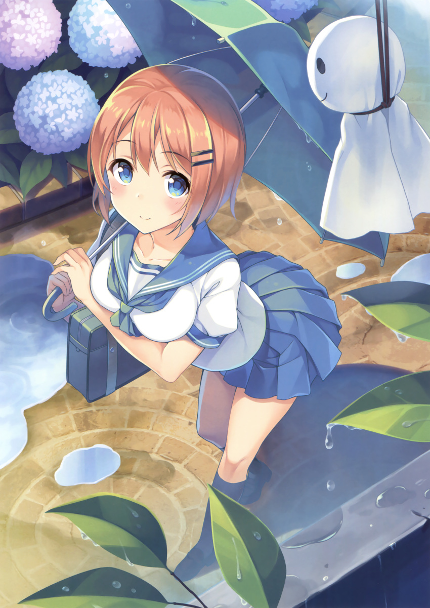 1girl, absurdres, bag, bangs, blue_eyes, blue_skirt, blush, breasts