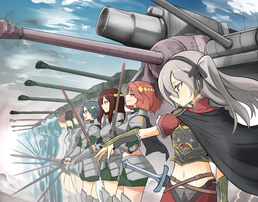6+girls, alternate_costume, armor, armored_dress, army, azumi_(girls_und_panzer), bangs, belt