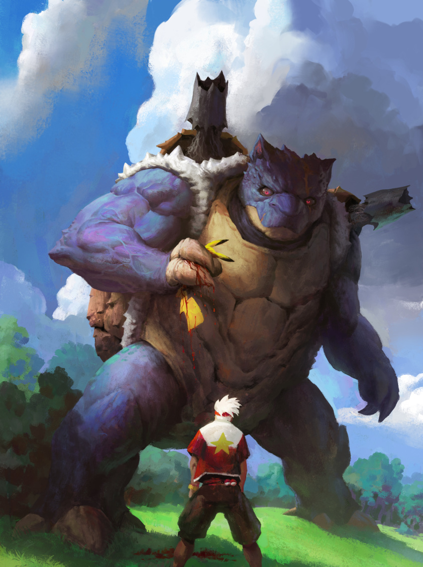 1boy, absurdres, blastoise, blood, blood_on_ground, bloody_hands, bush, character_request, closed_mouth, clouds, commentary, day, death, from_behind, grass, highres, holding, legs_apart, looking_at_viewer, luc_de_haan, muscle, outdoors, pikachu, poke_ball, pokemon, pokemon_(creature), red_eyes, sky, standing, star, star_print, tree, white_hair
