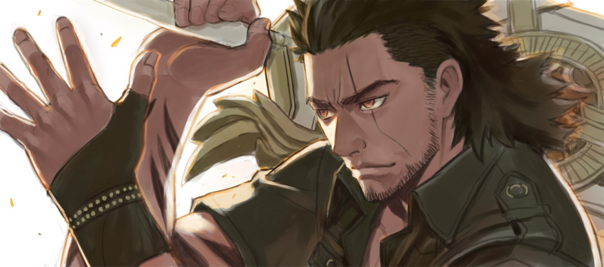 1boy, beard, black_hair, brown_eyes, decoponmagi, facial_hair, final_fantasy, final_fantasy_xv