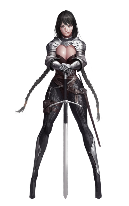 >:/, 1girl, armor, blue_eyes, braid, breasts, brown_hair, cleavage