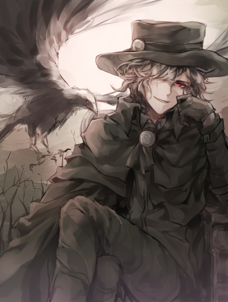 1boy, bird, black_gloves, black_pants, black_shirt, edmond_dantes_(fate/grand_order), fate/grand_order, fate_(series)