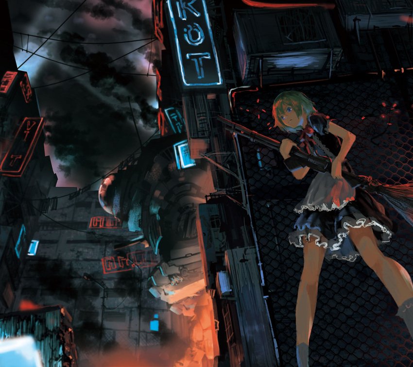 1girl, blue_eyes, broom, building, chain-link_fence, cyborg, desk, fence