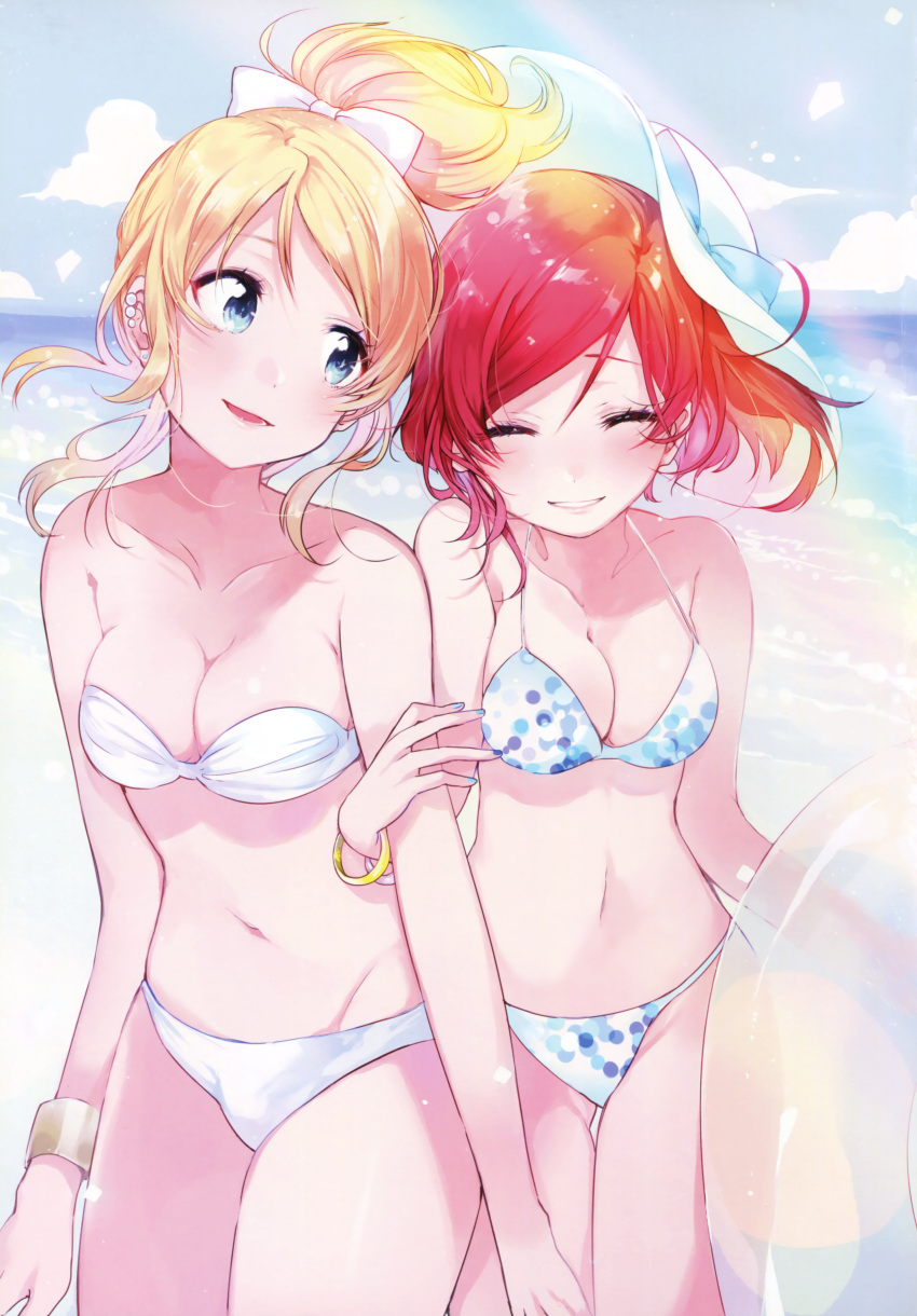 2girls, :d, absurdres, ayase_eli, bandeau, bare_shoulders, beach, bikini