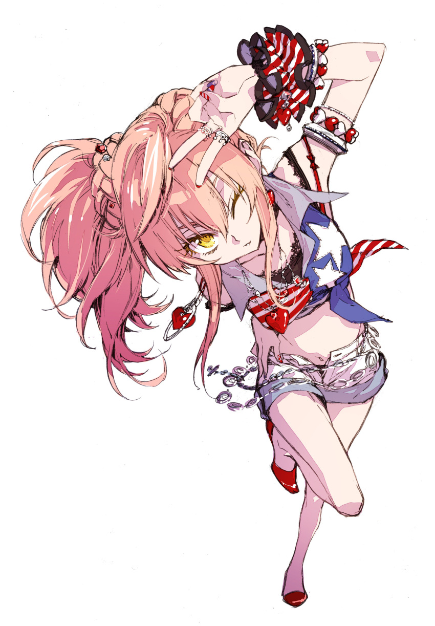 1girl, absurdres, american_flag_shirt, armband, hand_on_hip, heart, highres, idolmaster